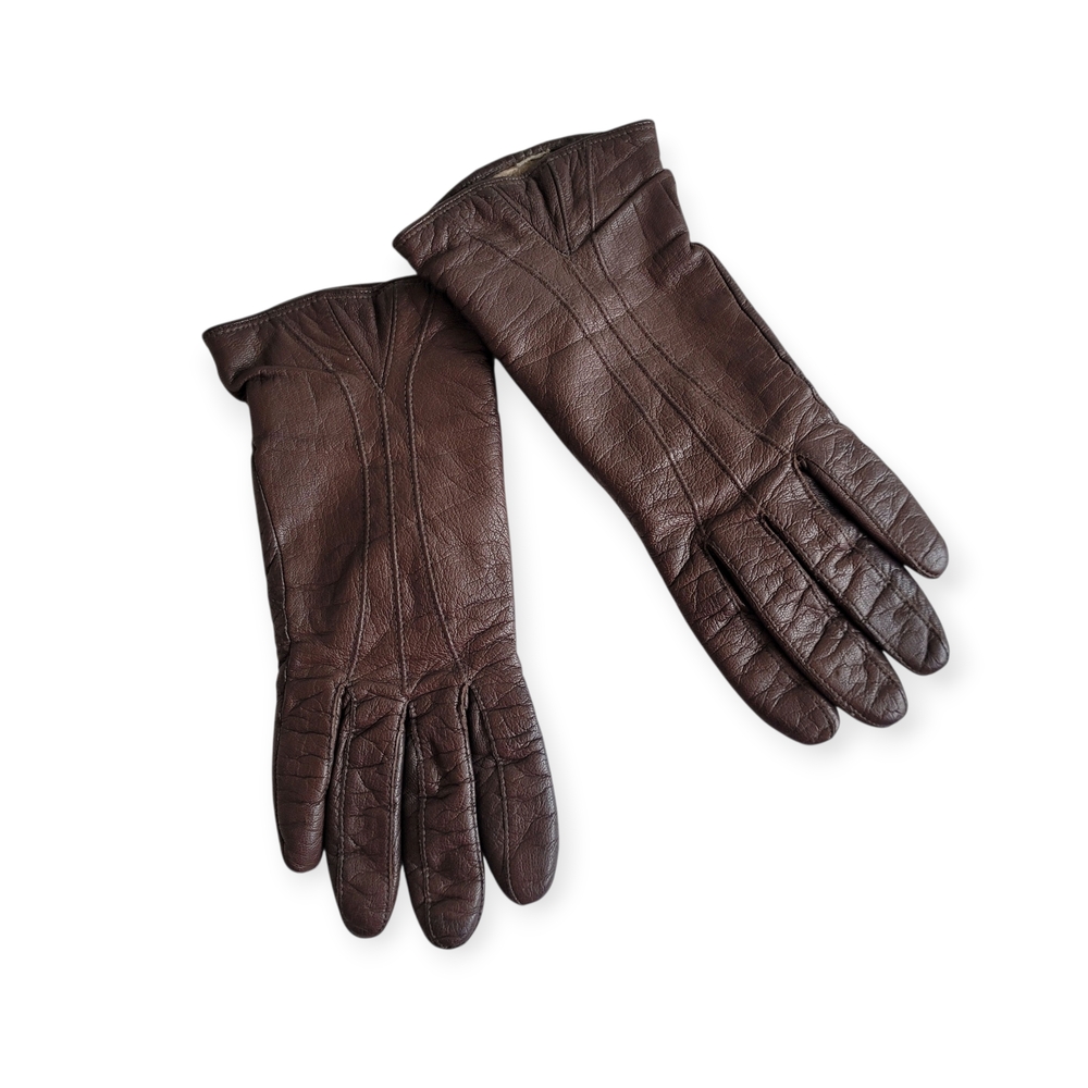 Vintage Lined Brown Leather Gloves With Stitching Detail Size 6 1/2